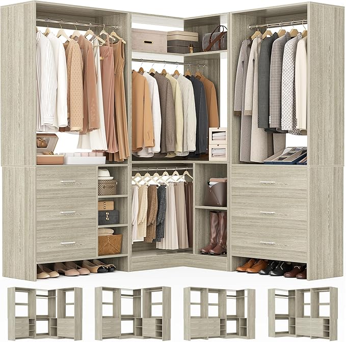 Aheaplus Closet System with 6 Drawers, 4 Hanging Rods & Corner Tower, Corner Closet System with Hanging, 86.8" L-Shaped Walk-In Wardrobe Organizer, 2000+ lbs Capacity, Set of 3, White Oak