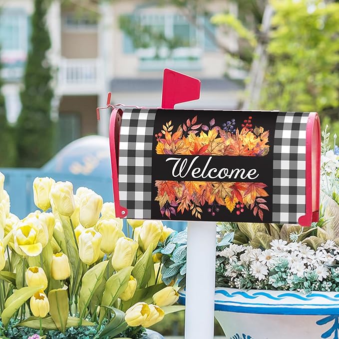 Fall Thanksgiving Maple Leaves Buffalo Plaid Mailbox Covers Magnetic Autumn Harvest Seasonal Holiday Welcome Post Letter Box Cover Standard Size 25.5x21 Inch for Garden Yard