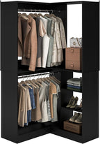 Unikito Corner Closet System, 36” Large Freestanding Closet Organizer Tower with 2 Hanging Rods and Storage Shelves, Sturdy Walk in Closet Kit for Bedroom and Entryway, 36" W x 36" D x 80" H, Black
