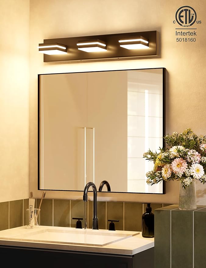 VOLISUN 5CCT Bathroom Light Fixtures Over Mirror, Dimmable, 360°Rotatable Head, 24 inch, 3 Light Bathroom Vanity Light Fixtures, Black LED Vanity Lights for Bathrooms-ETL Certificated