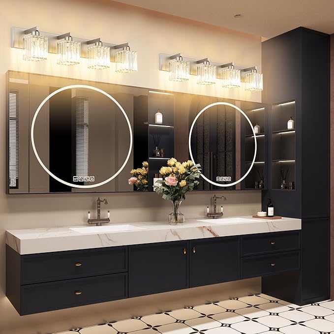 Aipsun Brushed Nickel Bathroom Lighting Fixtures 4 Light Crystal Modern Bathroom Vanity Light (Exclude Bulb)