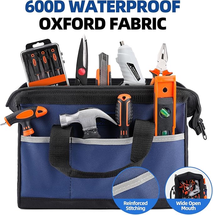 Tool Bag 13'', Wide Mouth Tool Organizer for Tool Storage, Heavy Duty and Water Proof, Blue & Black