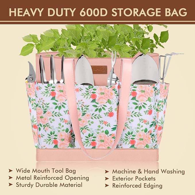 Gardening Tools - YAUNGEL 10 Pcs Garden Tool Set, Heavy Duty Stainless Steel Gardening Supplies Hand Tools with Wooden Handle, Storage Tote Bag, Ideal Garden Gifts for Women and Men, Pink