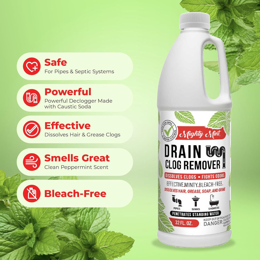 Mighty Mint Drain Clog Remover, Safe for Pipes and Septic, Dissolves Hair & Grease, Clears Blocked Drains and Deodorizes, Natural Mint Scent, 32oz (Pack of 2)