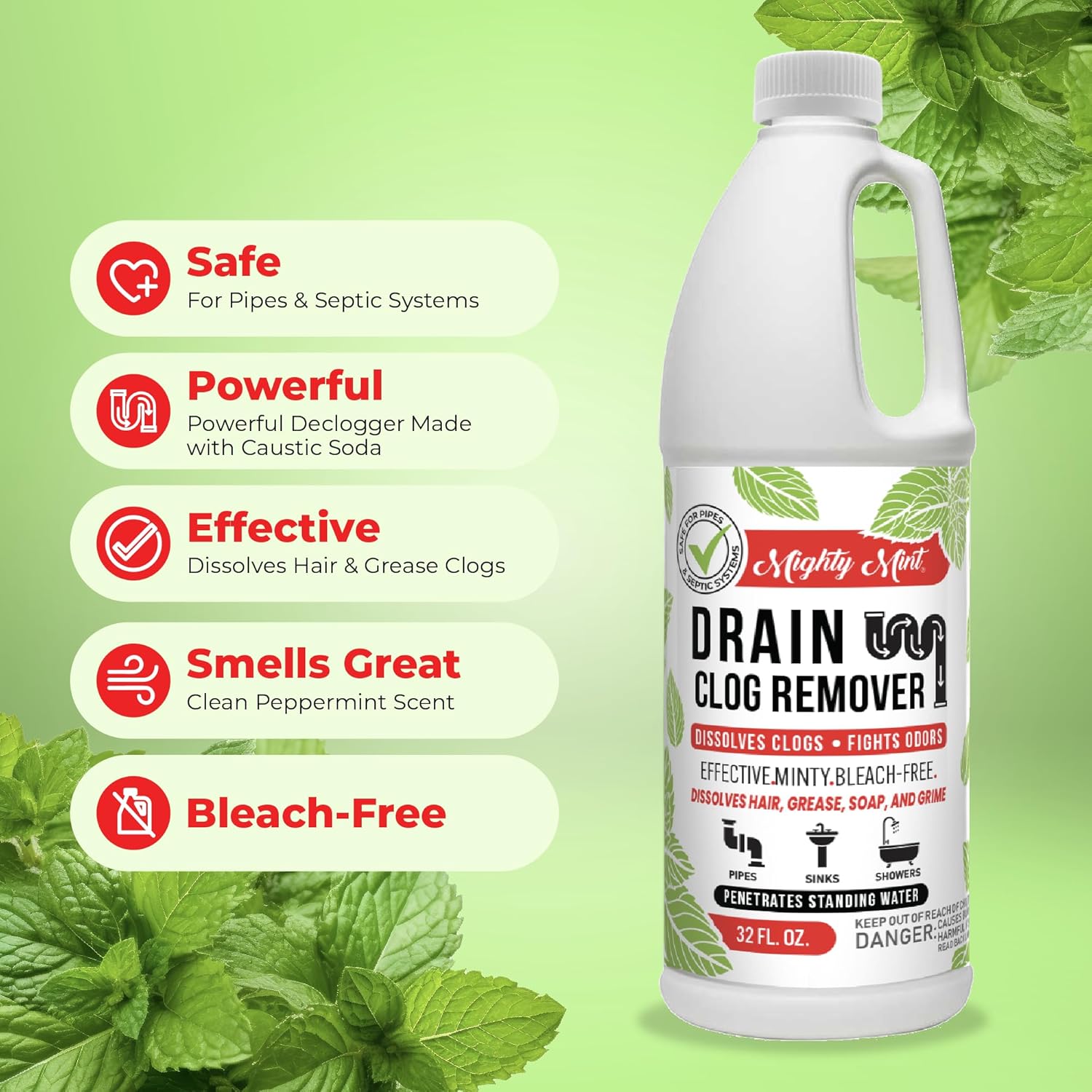 Mighty Mint Drain Clog Remover, Safe for Pipes and Septic, Dissolves Hair & Grease, Clears Blocked Drains and Deodorizes, Natural Mint Scent, 32oz