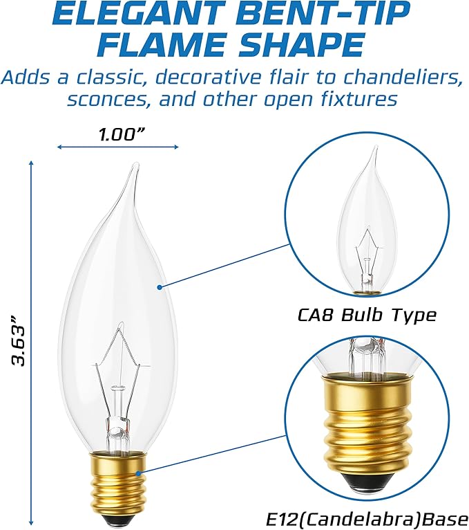 OHLECTRIC CA8 Incandescent Flame Tip Light Bulb (4-Pack) 25 Watt, Candelabra Base E12, Dimmable Bulbs, 2700K Soft White, 210 Lumens, Decorative Candle Bulb for Chandeliers, 1500 Hour Life, 120V