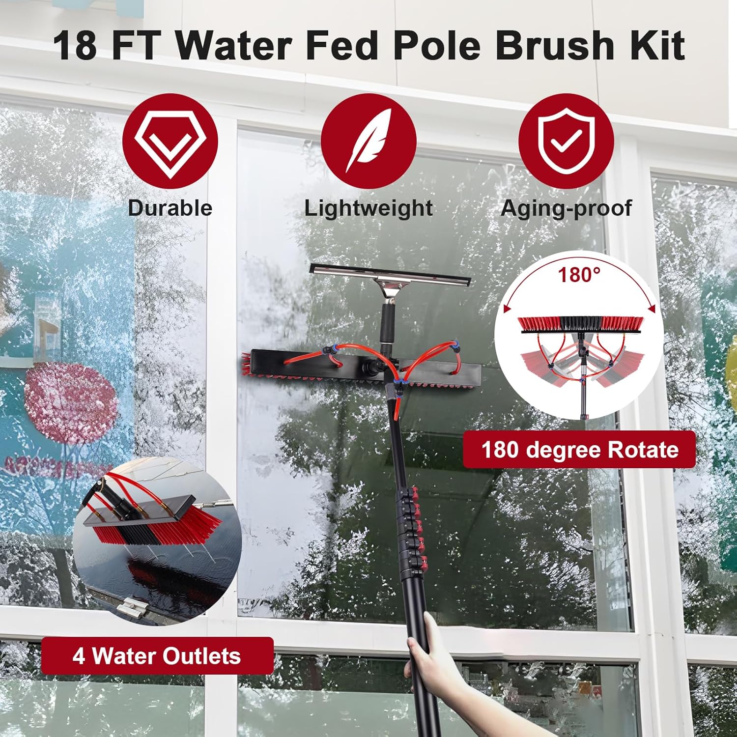 18FT Solar Panel Cleaning Brush & Squeegee Kit, Proffesional Window Washing Tool, 22in Wide Brush & 2 Dusting Brush, Water Fed Pole, Extendable Telescopic Pole for Roof Mounted Solar Panels