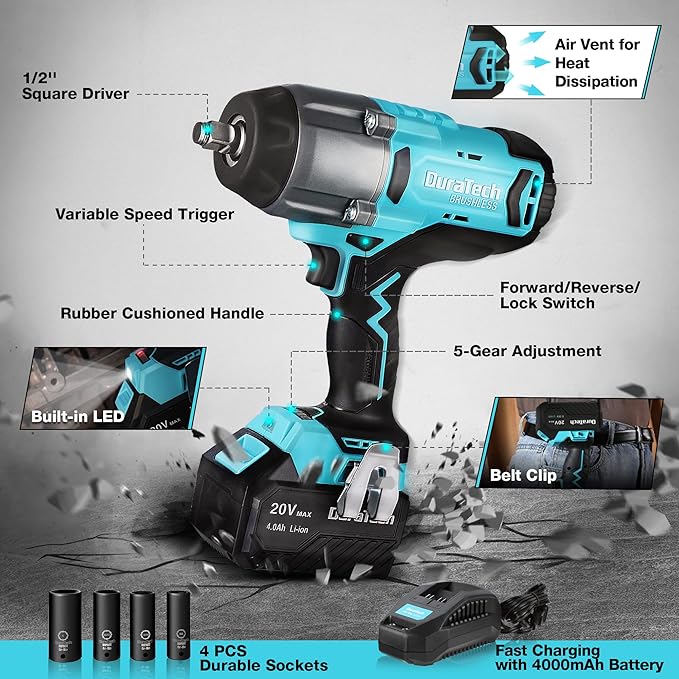 DURATECH 1/2 Inch 20V Cordless Impact Wrench, 600 Ft-Lbs, 5 Settings, Brushless Motor, Fast Charge 4.0Ah Li-ion Battery, Sockets Included