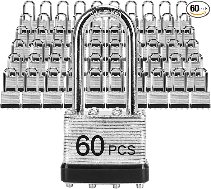 Padlocks with Same Key, LQYN 60 Pcs Laminated Keyed Padlock (1-9/16", 40mm), Keyed Alike Locks, Long Shackle, for Storage Locker, Hasp Latch, Toolbox, Sheds