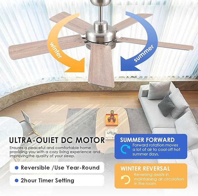 52" Ceiling Fan with Lights and Remote - Low Profile Ceiling Fans with 5 Dual-Sided Blades and Reversible Motor, Indoor/Outdoor Ceiling Fan Lights for Modern Bedroom, Covered Patios, Nickel
