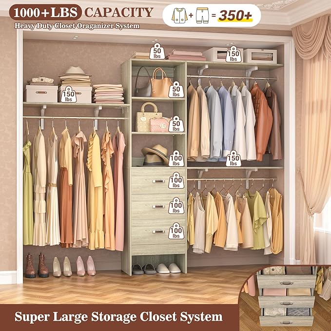 8FT Closet System, 96'' Closet Organizer System with 3 Hanging Rods, Wall Mount Bedroom Wardrobe with 3 Drawers Walk-in Closet, Adjustable Garment Rack from 5 to 8FT(Cut to Fit), White Oak