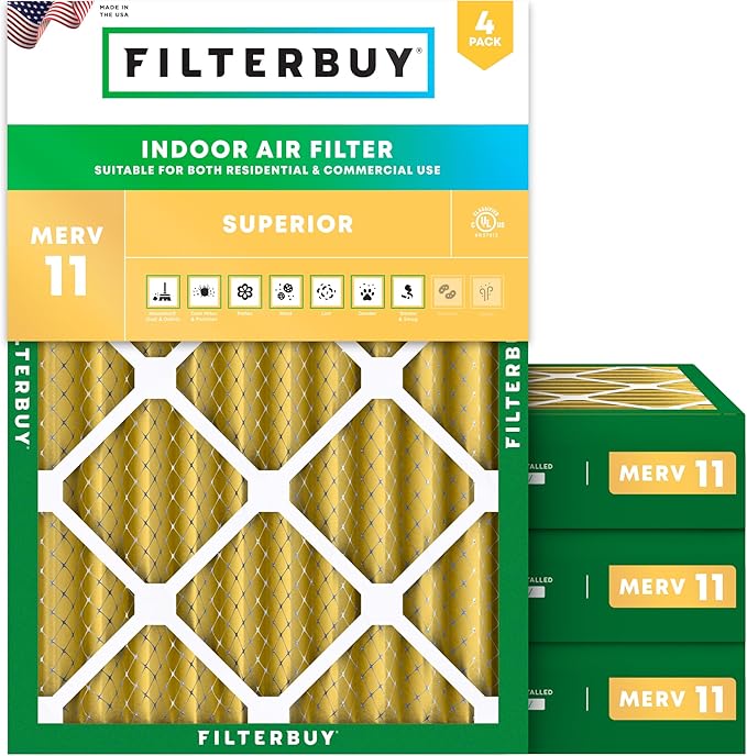 Filterbuy 14x20x4 Air Filter MERV 11 (MPR 1200) Allergen Defense Replacement (4-Pack), Electrostatic Pleated HVAC AC Furnace Filters, Made in USA (Actual Size: 13.50 x 19.50 x 3.63)