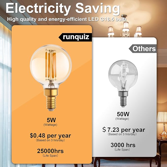 G16.5 Led Bulb, Small Round Edison Light Bulbs, Dimmable E12 Globe Amber Vanity Light Bulbs, 5w 2700k Vintage LED Filament Edison Bulb