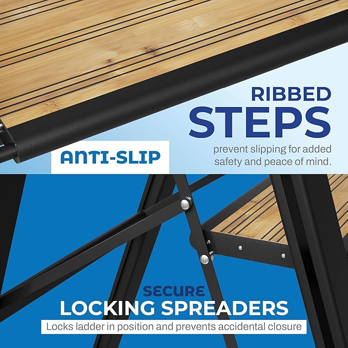 Step Ladder 2 Step Folding, Decorative - Beautiful Bamboo & Black Aluminum, Ultra Slim Profile, Anti Slip Steps, Sturdy-Portable for Home, Office, Kitchen, Photography Use,by SORFEY