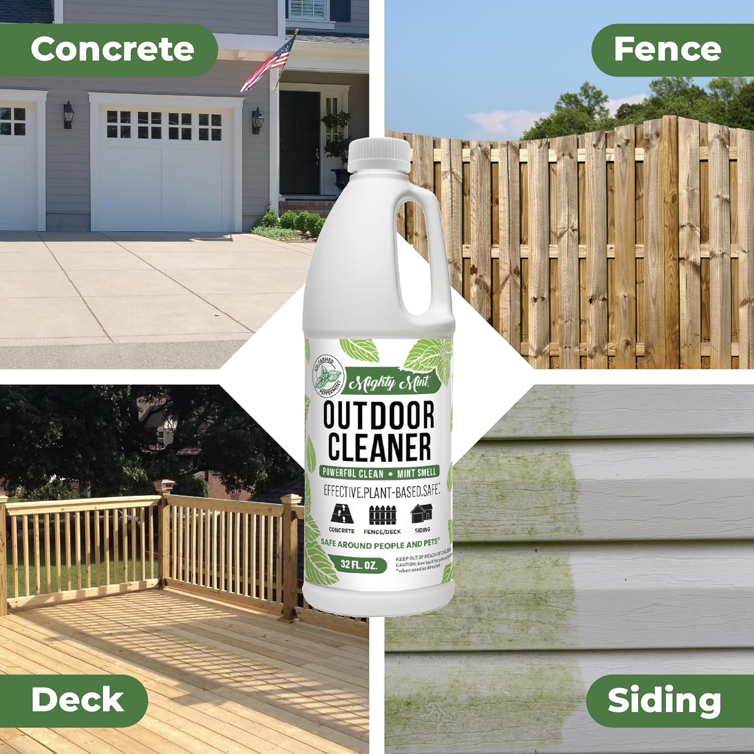 Mighty Mint Outdoor Cleaner, Powerful | Bleach-Free | Biodegradable, Cleans Stains on Wood, Decks, Concrete, Patios, and Vinyl Siding, Natural Mint Scent, 32oz