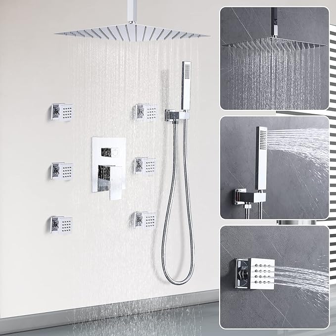 Enga Shower Body Jet System 12 Inch Ceiling Mounted Rainfall Shower Head with 6 Body Sprays and Handshower, Brass Shower Faucet Rough-in Mixer Valve, Chrome