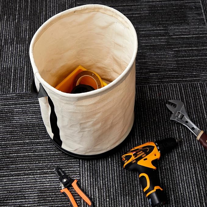 1 Pack Utility Canvas Tool Bucket 15" x 12" All Purpose Canvas Bucket Bag, Truck Tool Organizer with Plastic Bottom Metal Hook for Store Work Accessory, Load Capacity up to 150 Lbs (White)