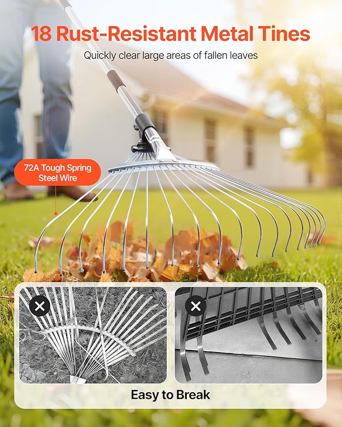 VEVOR Leaf Rake, 18 Metal Tines, Adjustable Garden Rake for Lawns with 7.7-17.1 Inch Head & 32.3-55.6 Inch Long Handle, Heavy Duty Stainless Steel Small Leaves Tool for Gardening Camping Yard Grass