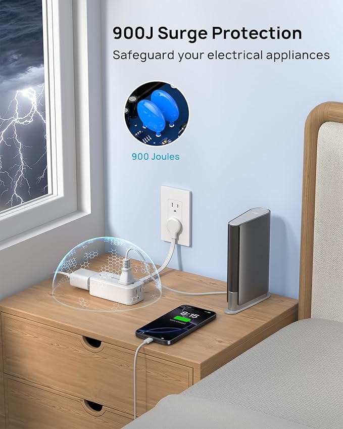 TROND Outlet Extender with 6 Inch Cord, Flat Plug Adapter with 4 Electrical Sockets, 900J Surge Protector, Wall Mountable, Multi Plug Wall Outlet for Home Office Travel Dorm Room Essentials, White