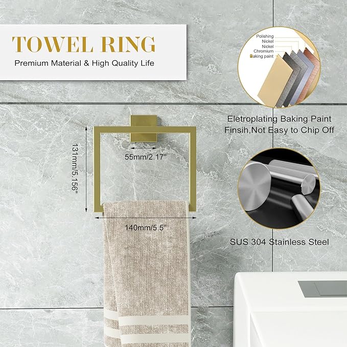 Bathroom Accessory Towel Bar Set: 10 Pieces Gold Bathroom Hardware Square SUS304 Stainless Steel - Wall Mounted Towel Rack&Toilet Paper Holder&Towel Ring and Towel Hook
