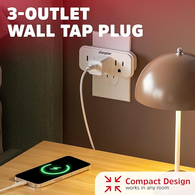 Energizer 3 Device Multi Plug Wall Outlet Extender - 3 AC Power Outlets Grounded Power Strip Expander Plug in Adapter