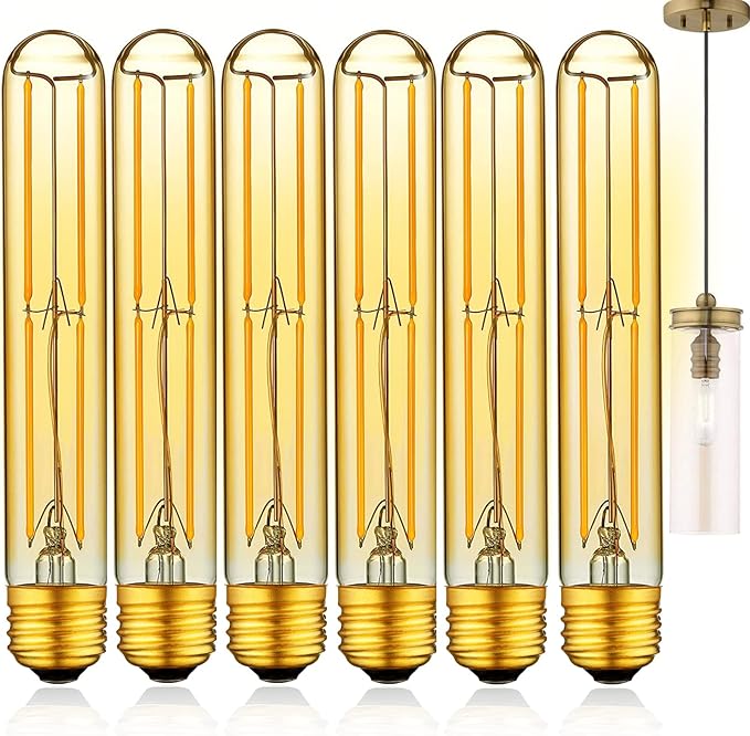 T10 Dimmable LED Tubular Bulb, Amber Long Tube Edison Light Retro Bulb, 6W, 60W Equivalent, Warm White 2700K, E26 Medium Base, Pendant Lighting Wall Sconces,Vanity 6 Pack
