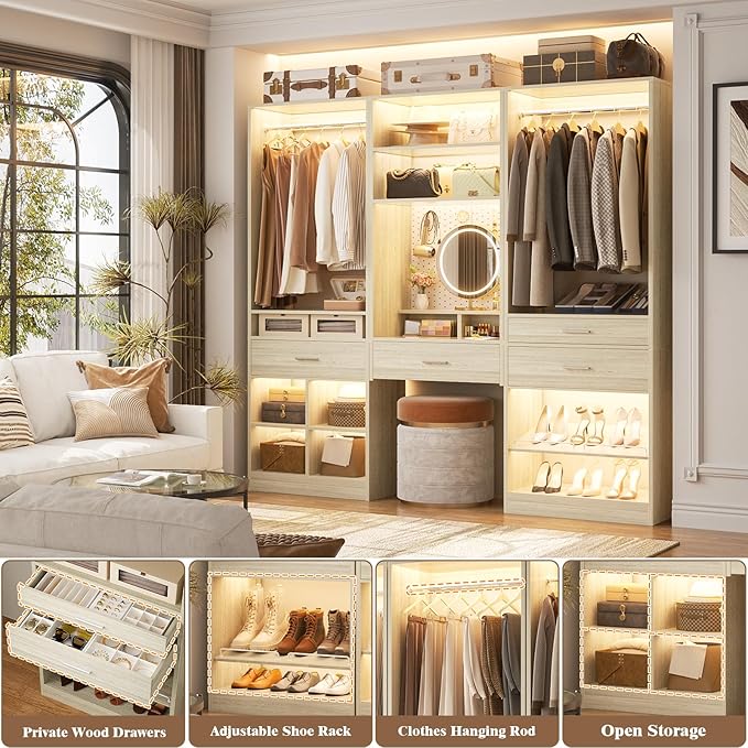 Unikito 75” Modular Closet System, Freestanding Closet Organizer with Hanging Rods, Drawers, Adjustable Clothes Garment Rack with Shoe Rack, Sturdy Walk in Closet Set for Bedroom, Mudroom, White Oak