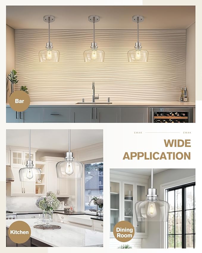 Emak Brushed Nickel Pendant Lights, Modern 8 Inch Clear Glass Pendant Light Fixtures for Kitchen, Bathroom, Bedroom, Dining Room, PL122-BN-CG