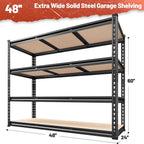 REIBII 48" W Garage Shelving Heavy Duty 2550 LBS Storage Shelves 4 Tier Heavy Duty Shelving, Adjustable Metal Shelves, Industrial Shelf for Garage, Warehouse, Pantry, 48" W x 60" H x 24" D