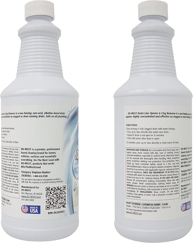 DU-MOST Drain Line Opener & Clog Remover, Concentrated Alkaline Based Cleaner, Non-Fuming, Non-Acid, Dissolve & Remove Obstructions in Clogged or Slow-Running Drain, Plumbing Safe, 32 Oz (Pack of 2)