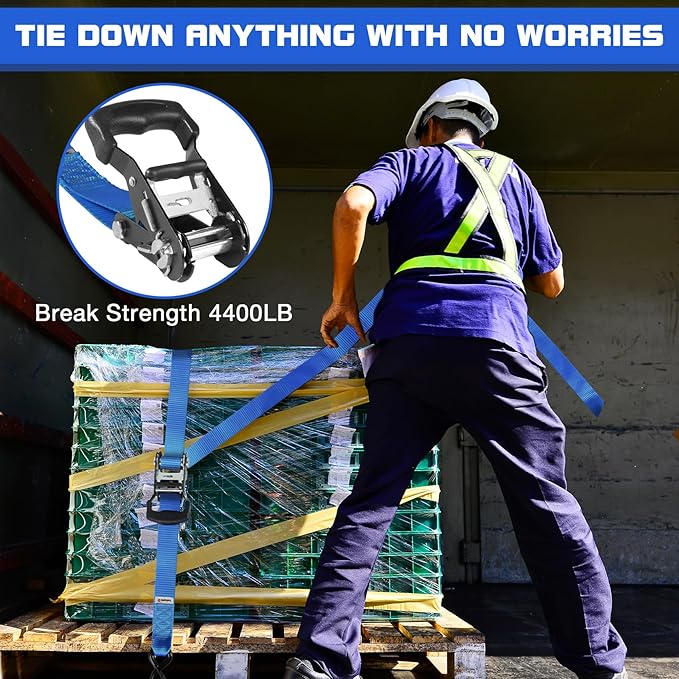 Ratchat Straps Heavy Duty with S Hooks Safety Latches 4 Pack 4400lb1.5 by 10' Tie Down Cargo Straps Ratcheting for Motorcycles,ATVs,Jet Skis,Golf Carts,Lumber,Sport Equipment,Boat,UTV,Roof Rack Blue