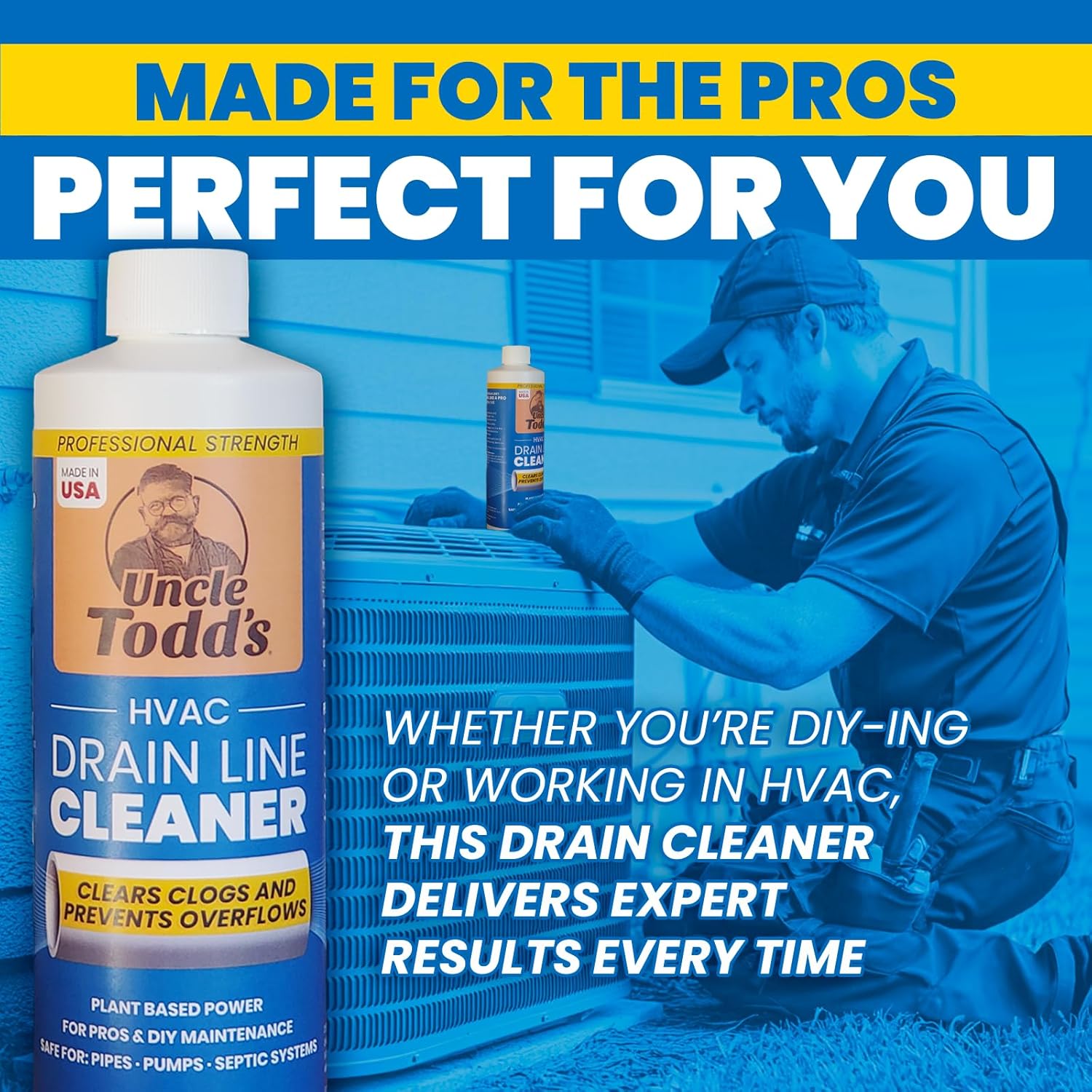 Uncle Todd's HVAC Drain Line Cleaner – 16 Months Supply Bleach-Free, Fast-Acting, Long-Lasting AC Drain Line Solution for Tough Clogs & Buildup