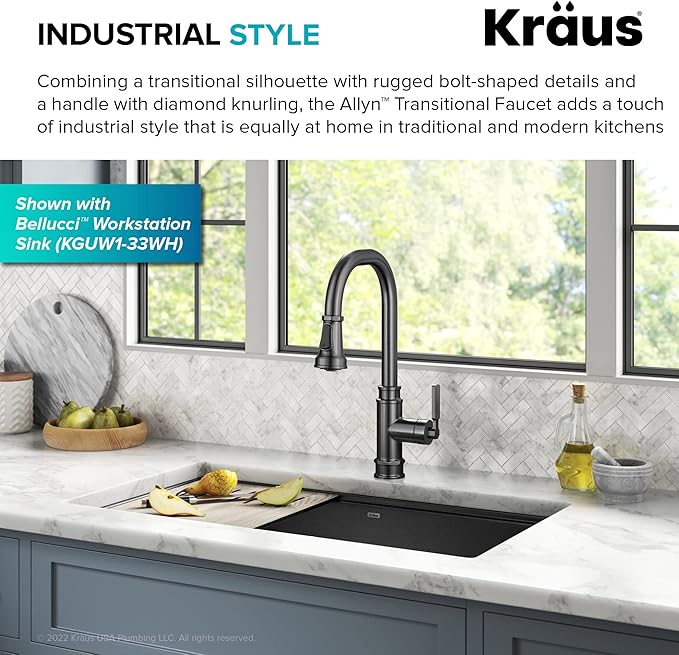 KRAUS Allyn Transitional Industrial Pull-Down Single Handle Kitchen Faucet in Spot-Free Black Stainless Steel