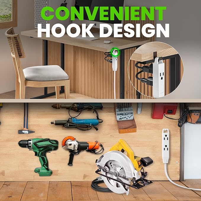 GEARit 360 Rotating Flat Plug Extension Cord (8ft, White) Multi 3-Outlet Extension 16 AWG Wire, Adapter for Small Spaces, Right Angle Socket, ETL Certified - 8 Feet