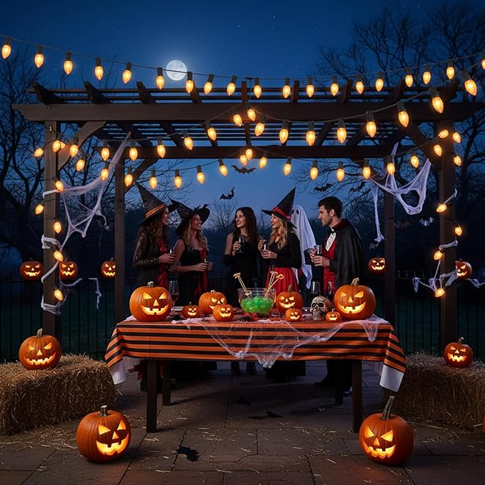 C9 Orange Halloween Light Bulbs, 25-Pack E17 Base, Waterproof Outdoor Bulbs for Halloween Decorations, Patio & Yard Lighting, Spooky Glow for Parties, Pathway & Events