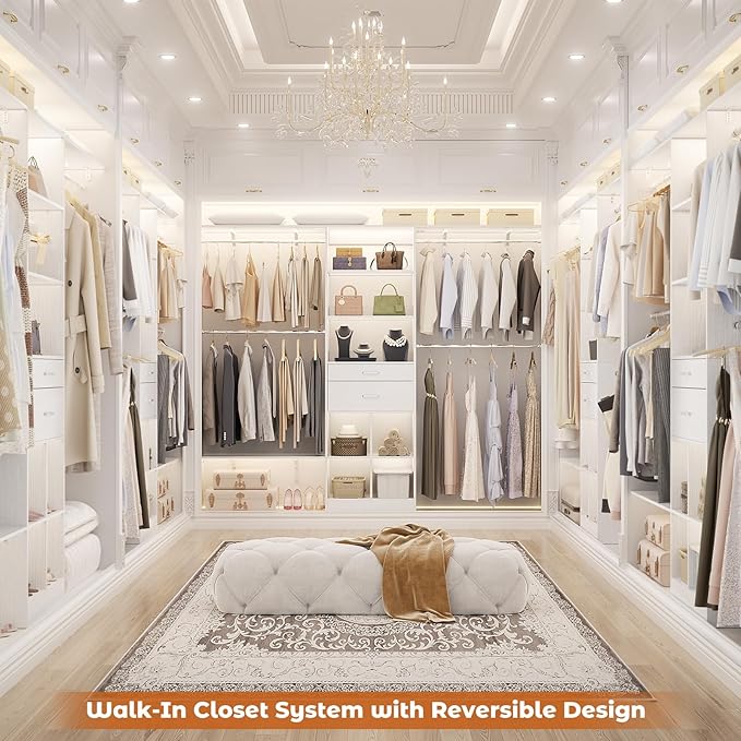 Closet System - 8FT Closet Organizer System with Wooden Drawers, 96" Closet Systems for Walk-In Closets with Cuttable Hanging Shelving, White