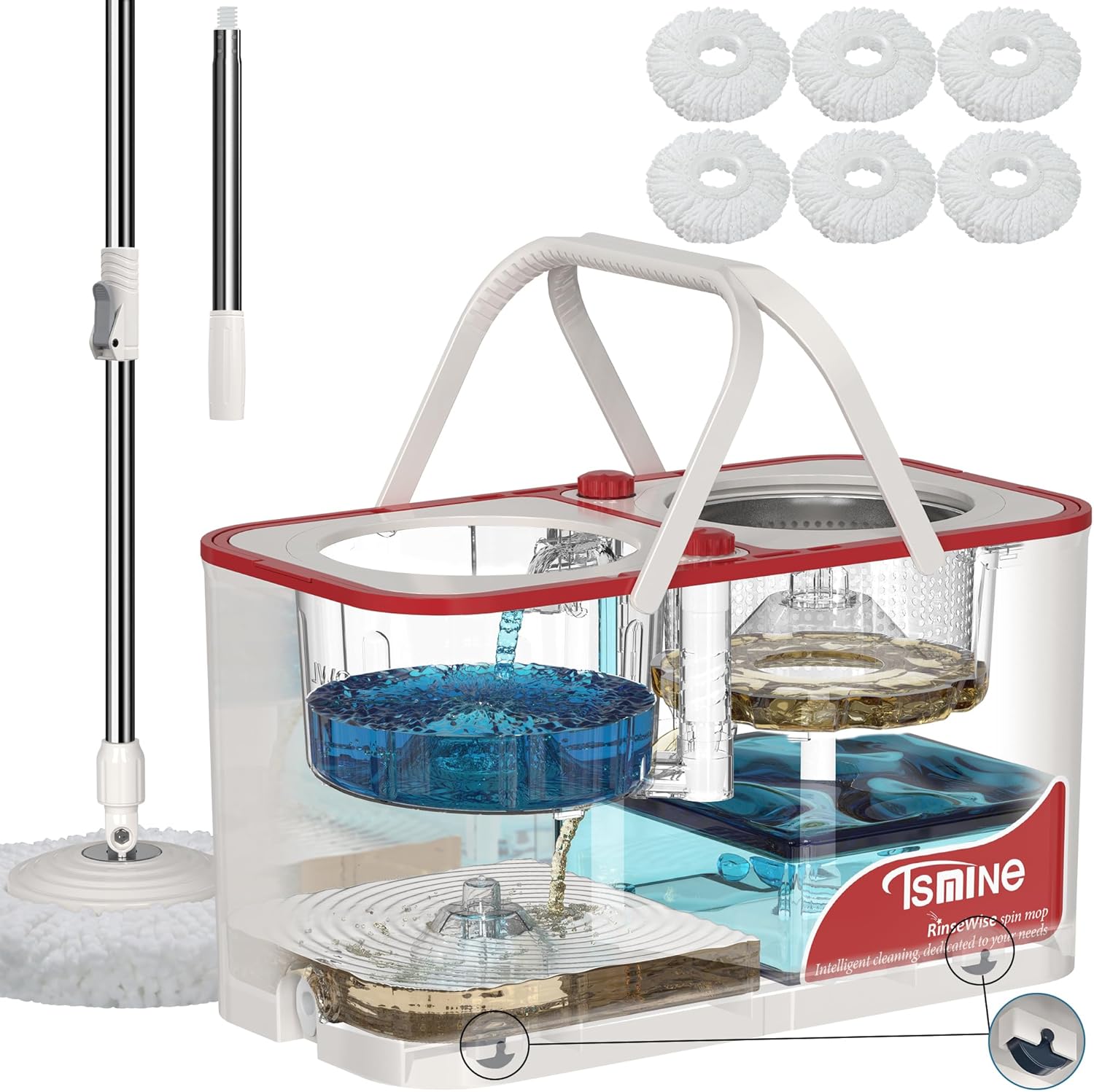 Gen 1 Large-Capacity Spin Mop and Bucket – for Big Homes & Deep Cleaning Days,4-Chamber System Separates Dirty & Clean Water, 2-GAL Heavy-Duty Design with Wheels & 6 Refill Mop Heads - White/Red