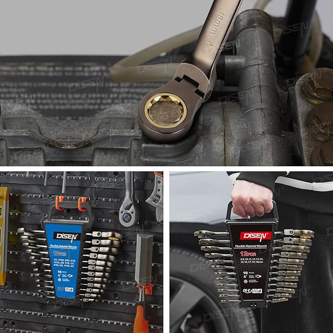 DISEN 12 Pcs Flex Head Ratcheting Wrench Set 90 Teeth, Combination Ratchet Wrenches Set SAE1/4 to 3/4", Cr-V Steel, 12-Point, Nickel Plating with Organizer Rack Visit the Store