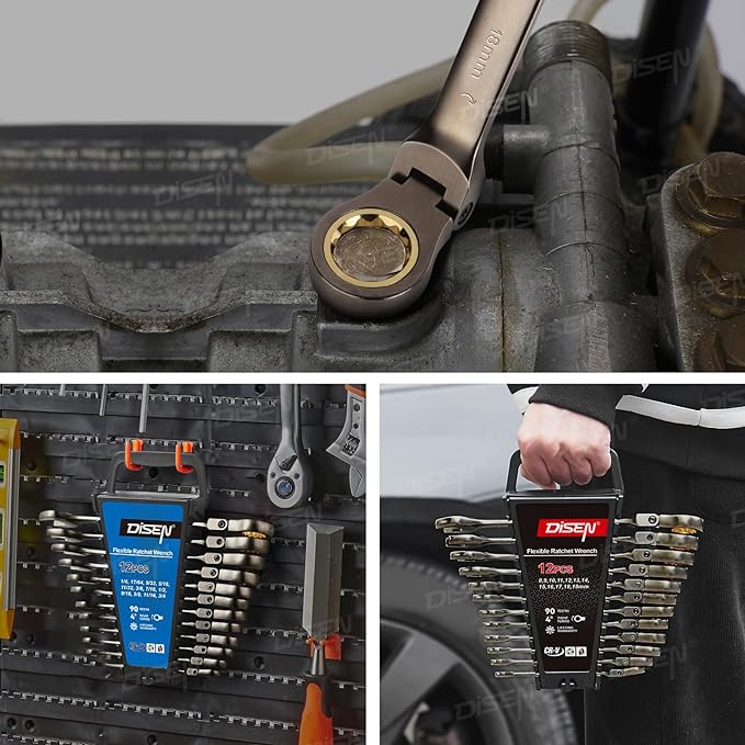 DISEN 24pcs 90-Teeth Ratchet Wrenches Set, Flex Head Ratcheting Wrench Set Metric 8MM-19MM and SAE Wrenches 1/4 Inch-3/4 Inch, Nickel Plating Cr-V Constructed with Organizer Rack