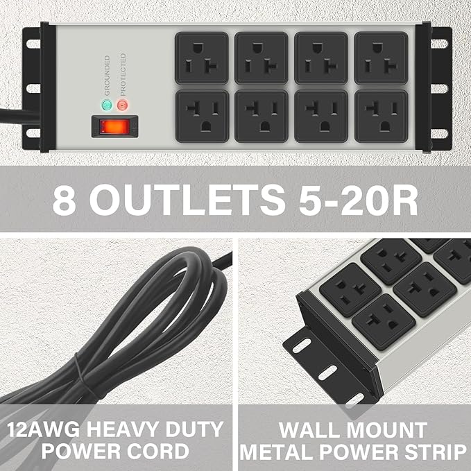 CCCEI Grey Heavy Duty Power Strip Surge Protector 20 AMP, 8 Outlets 12 Gauge Industrial Shop Garage Metal Multiple Outlets, 20 FT Extension Cord 5-15P Adapter High Amp 6-20R T-Slot 20a for Appliance