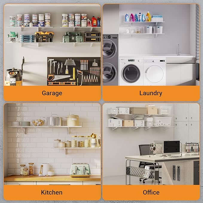 1x4 ft Garage Shelving, 2-Pack Wall-Mounted Shelves for Garage, Kitchen, Pantry Storage, 300 lbs Total Load Capacity Wall Shelving, White