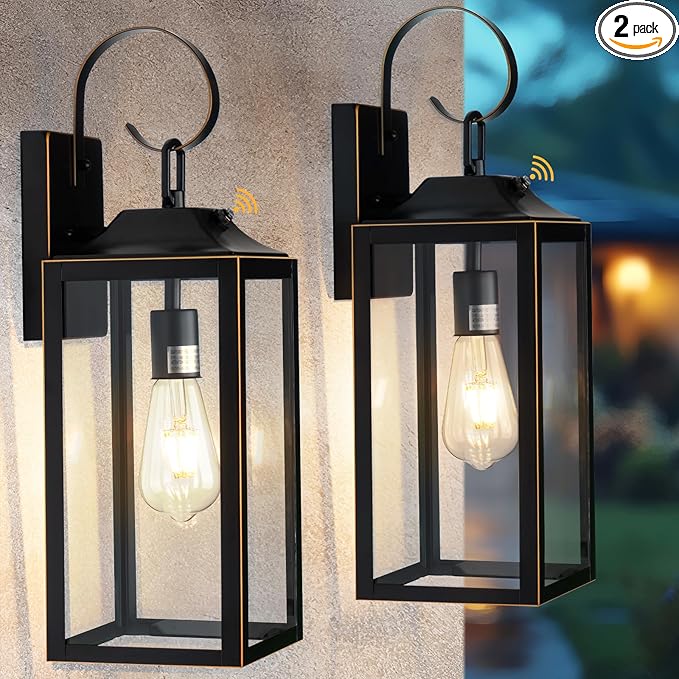 19" Dusk to Dawn Outdoor Lighting 2 Pack, Large Outdoor Wall Lights Dusk to Dawn, Black Sensor Porch Lights Exterior Lighting Fixtures Wall Mount for House Garage -with Gold Trim