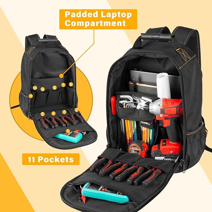 HAUTMEC Tool Backpack with Laptop Compartment, Heavy-Duty 1680D Oxford Tool Bag with Reinforced Base, 11 Pockets, Padded Straps, Portable Tool Organizer for Technicians, Contractors – HTTBM25058