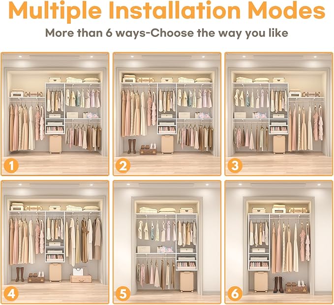 Cyclysio 96 Inch Closet Organizers and Storage, 8 FT Hanging Closet Organizer with 4 Adjustable Rods, Wardrobe Organizers with 3 Shelving Towers for 4-8FT Spaces(Cut-to-Fit), White