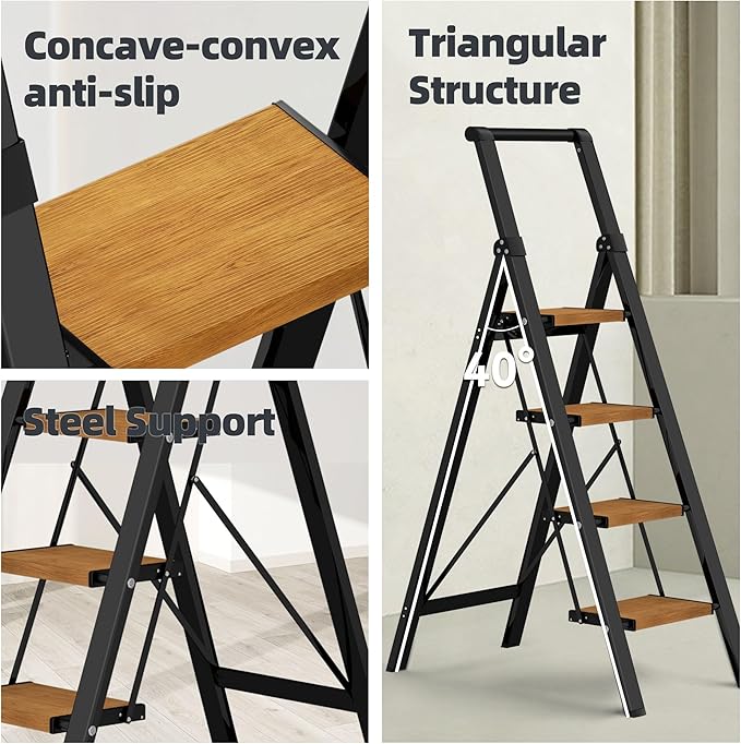 HillhutApex Step Ladder, Aluminum Lightweight Folding 4 Step Stool with Anti-Slip Wide Pedal, 330lbs Capacity Steel Ladder for Household and Office