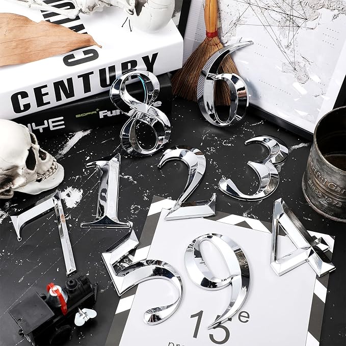 Jetec 10 Pcs House Numbers 3D Door Mailbox Numbers 0-9 Self Adhesive House Door Street Address Stickers for, Apartment, Office, Hotel Room, Mailbox Signs(4 x 2.5 Inches,Silver)