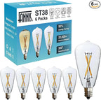 6pcs ST38 Edison Small Bulb 2W Equivalent to 10W-15W-20W E12 Warm Base Clear Glass LED Bulbs for Chandeliers Fans Candelabras Outdoor ST38 String Lights