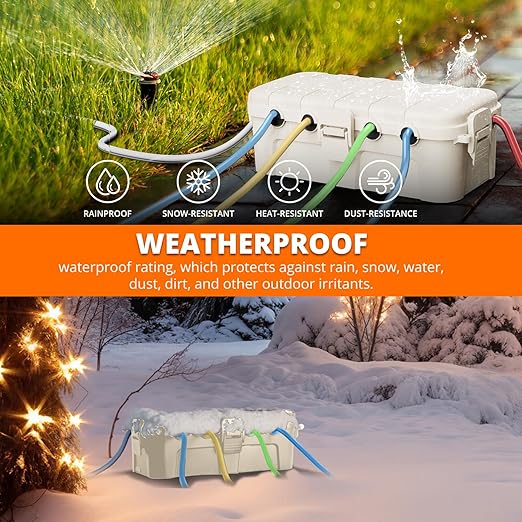 QUOBAS Outdoor Waterproof Electrical Box with 6 Cable Ports, IP54 Weatherproof Heavy-Duty Extension Cord Cover for Power Strips, Garden Power Tools, Holiday Lights, Almond