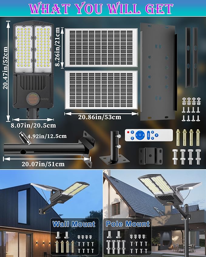 Gefolly SL-7500W Solar Street Lights Outdoor, 400000LM Commercial Parking Lot Light Dusk to Dawn IP67 Waterproof 6500K Security Flood Lights with Motion Sensor Lamp for Yard, Road
