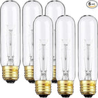 6 Pack T10 Tubular Light Bulbs, 40W Bulb, Clear Incandescent, E26 Medium Base, Warm White, Dimmable Vintage Tubular Style Showcase Bulb